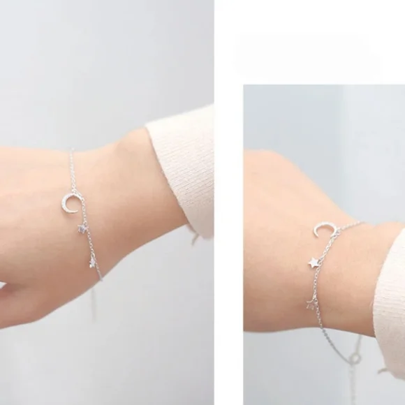 S925 sterling silver crescent moon stars bracelet - Picture 5 of 8